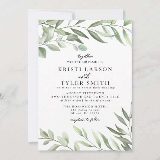 Einfache Grünflächen Blätter Einladung Hochzeit (Vorderseite)