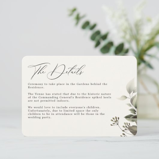 Einfache Grünflächen Botanische Hochzeiten Details Begleitkarte (Stehend Vorderseite)