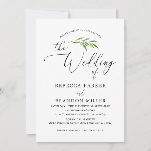 Einfache Grünkalligrafie Rustikale Hochzeit Einladung (Vorderseite)