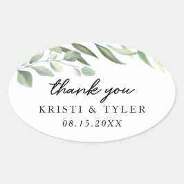 Einfache Grünpflanzen Blätter Hochzeitskleber Ovaler Aufkleber