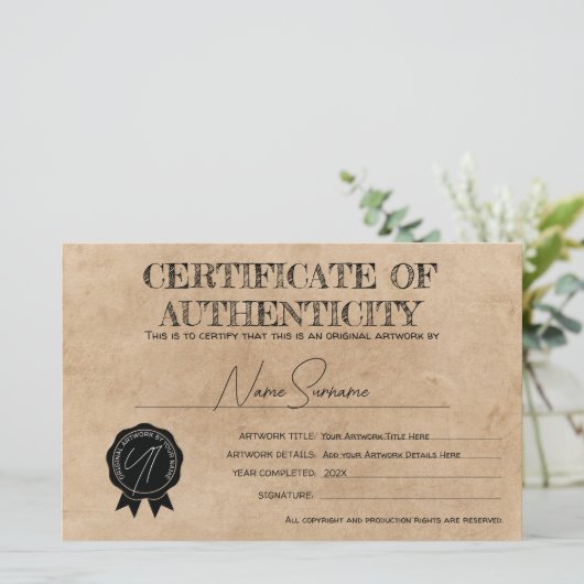 Einfache handgemachte Echtheitsbescheinigung (Stehend Vorderseite)