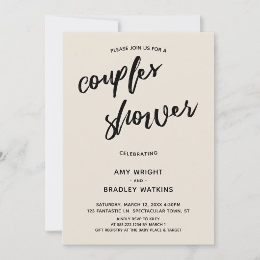 Einfache, handgeschriebene Creme Couples Kinderdus Einladung (Vorderseite)