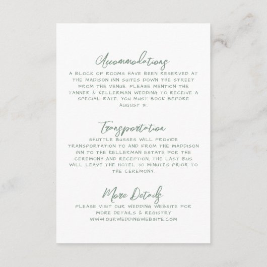 Einfache handgeschriebene grüne Whimsical-Hochzeit Begleitkarte (Rückseite)