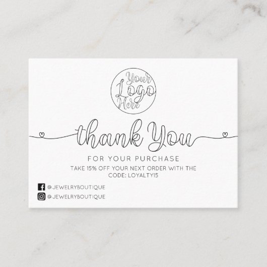 Einfache, handgeschriebene Herzen - Vielen Dank Visitenkarte (Vorderseite)