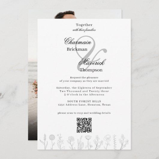 Einfache handgezeichnete Blume Foto QR Code Hochze Einladung (Vorne/Hinten)