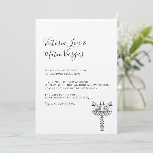 Einfache handgezeichnete Palme Tree Tropische Hoch Einladung (Stehend Vorderseite)