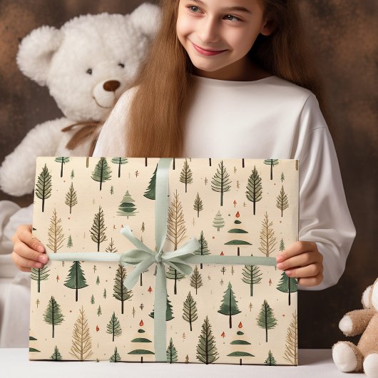 Einfache handgezogene Creme Pine Tree Geschenkpapier Set