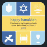Einfache Hanukkah Icons Sticker<br><div class="desc">Dieser Aufkleber verwendet die Symbole von Hanukkah, um warme Wünsche zu vermitteln. Die hellen Blau- und Goldfarben umschließen die Ikonen eines dreidel-, menorah- und kiddush-Tasse, um unter anderem Ihre Nachricht zu rahmen. Gut als Umschlag Aufkleber oder zum Beibehalten an Urlaubspaketen oder Geschenken. Erhältlich in alternativen Farben mit passenden Produkten. com...</div>