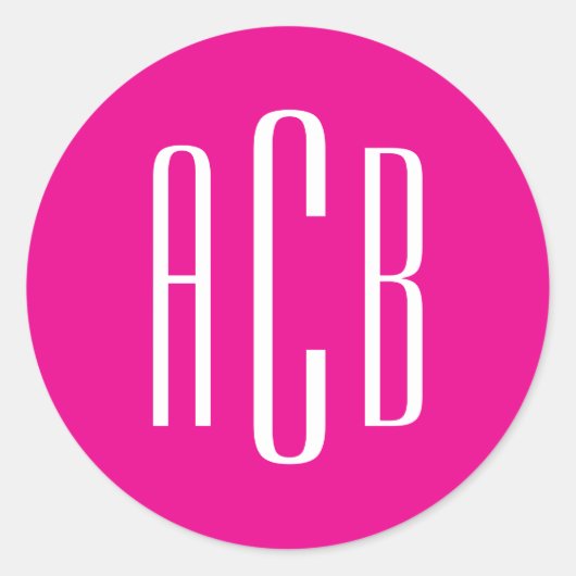 Einfache, heiße Rosa und weiße Monogramm mit drei  Runder Aufkleber (Vorderseite)