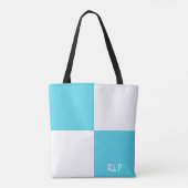 Einfache hellblaue und weiße Quadrate Monogramm Tasche (Rückseite)