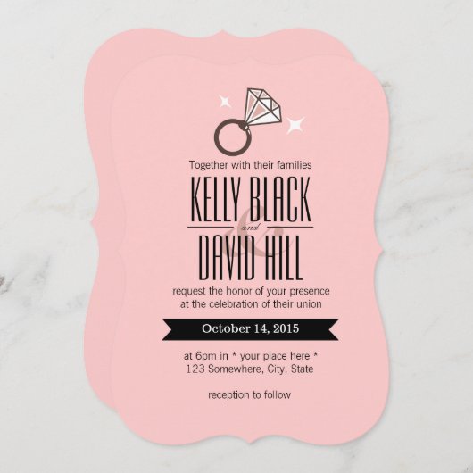 Einfache Helle Diamantring Rosa Hochzeit Einladung (Vorne/Hinten)