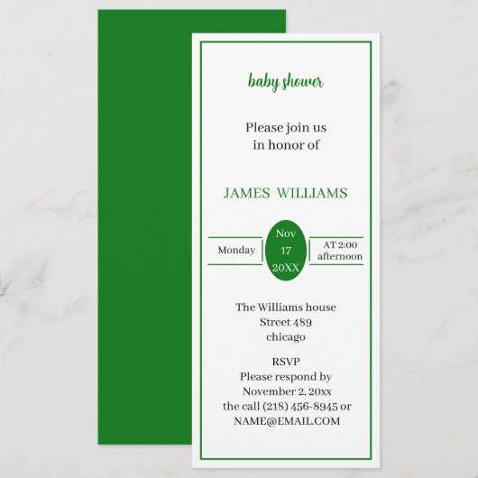 Einfache, hellgrüne Babydusche nach Maß Einladung (Vorne/Hinten)