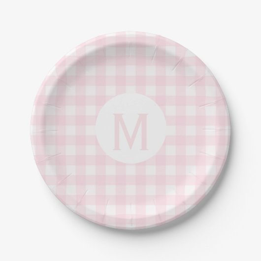 Einfache, hellrosa Gingham Monogramm Pappteller (Vorderseite)