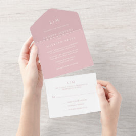 Einfache hellrosa Monogram Elegant Wedding All In One Einladung