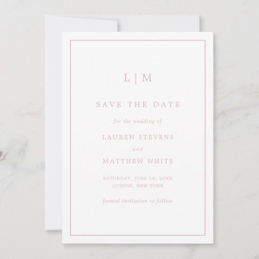 Einfache hellrosa Monogram Elegant Wedding Save The Date (Vorderseite)