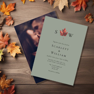Einfache Herbstblatt-Sage-Grün-Monogramm-Foto-Hoch Einladung