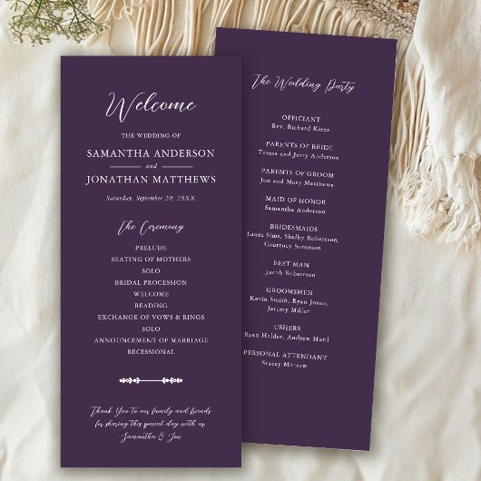 Einfache Herbstfeier Lila Elegantes Script Hochzei Programm
