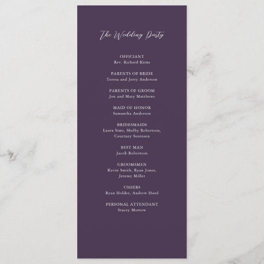 Einfache Herbstfeier Lila Elegantes Script Hochzei Programm (Rückseite)