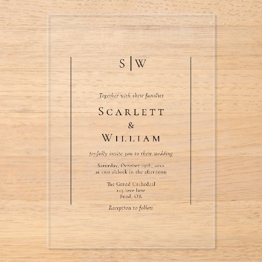 Einfache herkömmliche Minimal-Monogramm-Hochzeit Acryleinladungen (Vorderseite)