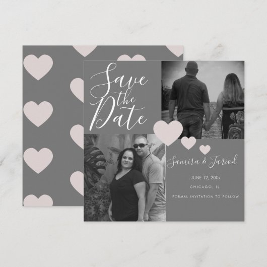 Einfache Herz-Pink-Grau Foto Collage Card (Vorne/Hinten)