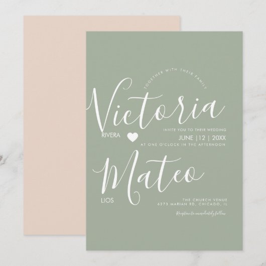 Einfache Herzschrift-Typografie Sage-Hochzeit Einladung (Vorne/Hinten)