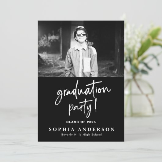 Einfache High School Card Schwarz/Weiß Einladung (Stehend Vorderseite)