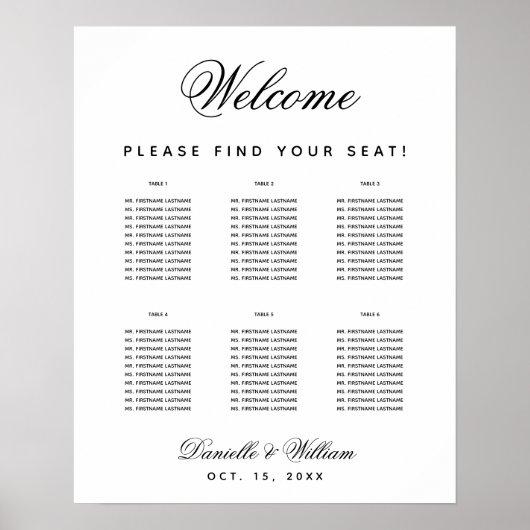 Einfache Hochzeit 6 Tabelle Schwarz/Weiß Sitzkarte Poster (Vorne)
