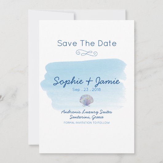 Einfache Hochzeit am Aquarellstrand Save the Date (Vorderseite)