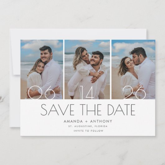 Einfache Hochzeit am Strand mit drei Fotos Save The Date (Vorderseite)
