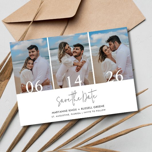 Einfache Hochzeit am Strand mit drei Fotos Save The Date