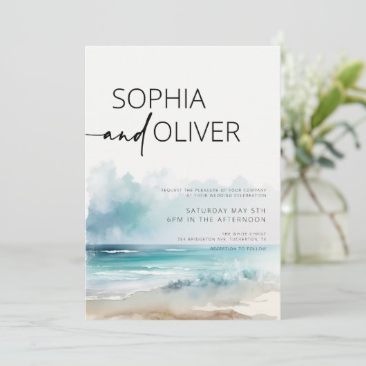 Einfache Hochzeit an der Küste mit moderner Wasser Einladung (Stehend Vorderseite)