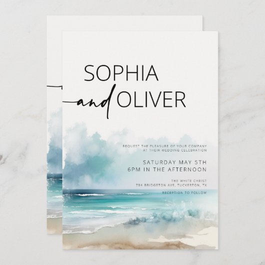 Einfache Hochzeit an der Küste mit moderner Wasser Einladung (Vorne/Hinten)