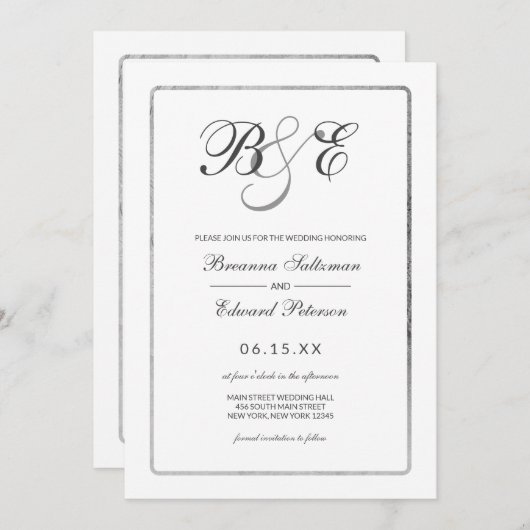 Einfache Hochzeit an der weißen Silber-Grenze Einladung (Vorne/Hinten)
