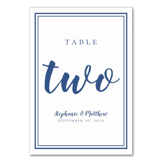 Einfache Hochzeit Blau & Weiß Tischnummer Zwei (Vorderseite)