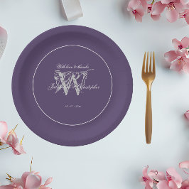 Einfache Hochzeit Chic Dusty Lila Monogram Pappteller