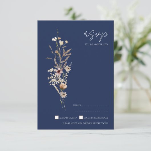 Einfache Hochzeit der blauen Herbst-Wildblumen der RSVP Karte (Stehend Vorderseite)
