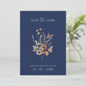 Einfache Hochzeit der blauen Herbst-Wildblumen der Save The Date (Stehend Vorderseite)