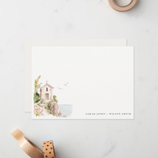 Einfache Hochzeit der katholischen Wasserfarbenkir Mitteilungskarte (Vorderseite/Rückseite Beispiel)