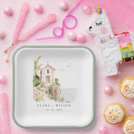 Einfache Hochzeit der katholischen Wasserfarbenkir Pappteller (Party)