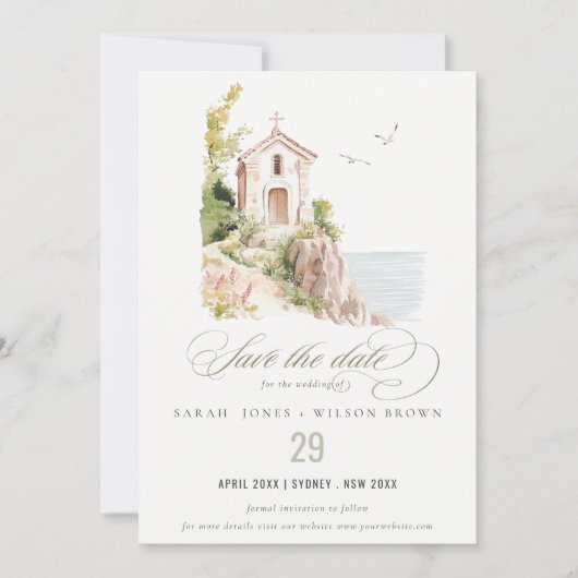 Einfache Hochzeit der katholischen Wasserfarbenkir Save The Date (Vorderseite)