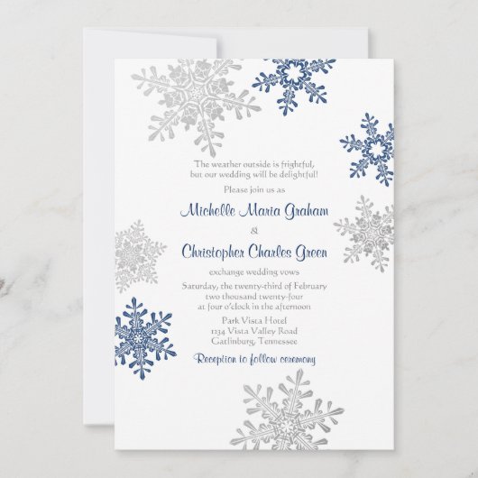 Einfache Hochzeit der Navy Blue Silver Winter Snow Einladung (Vorderseite)