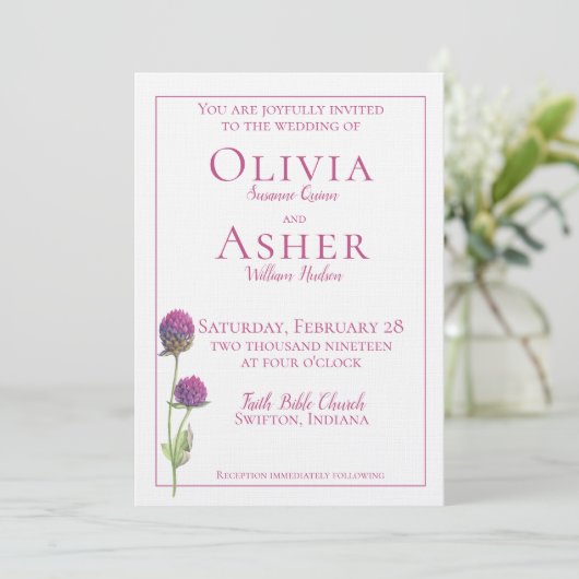 Einfache Hochzeit der Wasserfarbe Amaranth Thistle Einladung (Stehend Vorderseite)