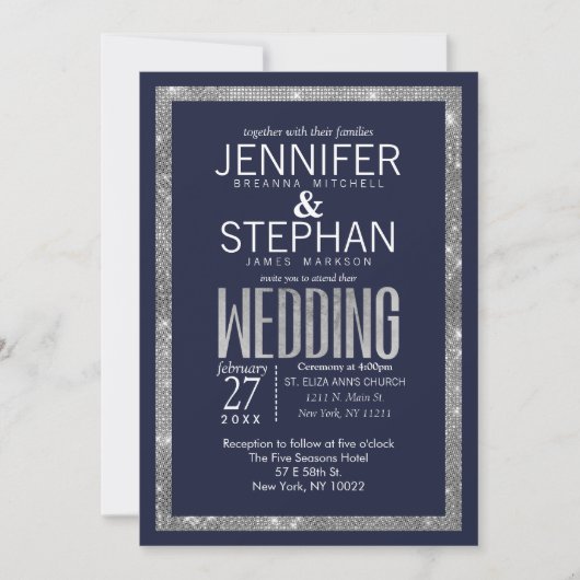 Einfache Hochzeit des Blue Silver Glitzer Sequin Einladung (Vorderseite)