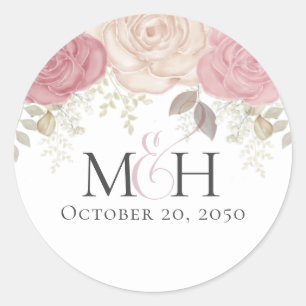 Einfache Hochzeit des Burgundy Floral Monogram Runder Aufkleber