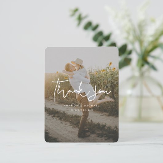 Einfache Hochzeit des modernen Handschriften-Fotos Dankeskarte (Stehend Vorderseite)