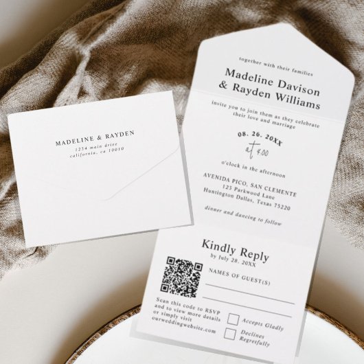 Einfache Hochzeit des modernen Schwarz-Weiß-QR-Cod All In One Einladung