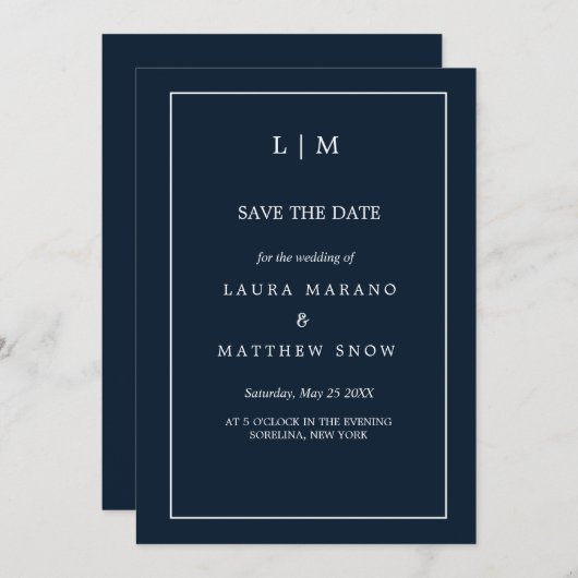 Einfache Hochzeit des Navy Blue Formal Monogram Save The Date (Vorne/Hinten)