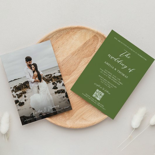 Einfache Hochzeit eines eleganten Script Olive Gre Einladung