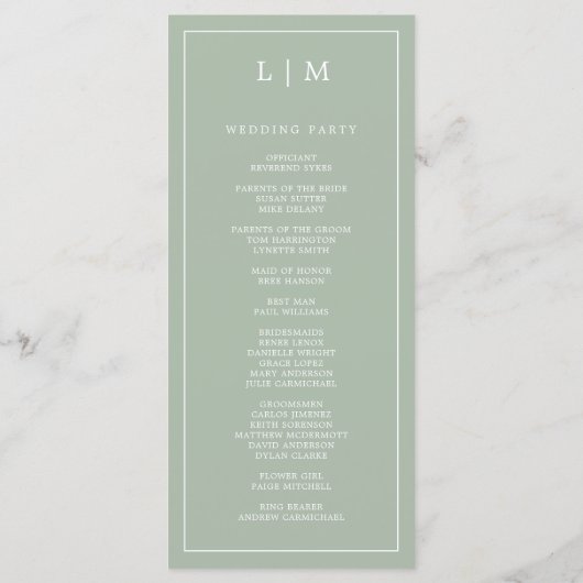 Einfache Hochzeit Green Monogram Elegant Wedding Programm (Rückseite)