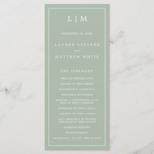 Einfache Hochzeit Green Monogram Elegant Wedding Programm (Vorderseite)